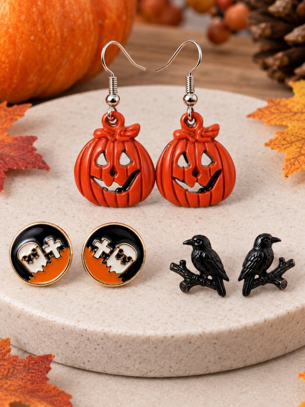 Halloween Earrings Set Pumpkin Ghost Raven Stud Drop